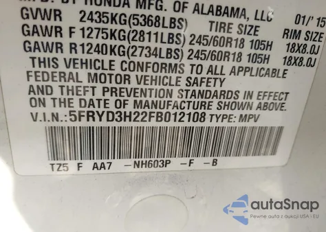 2015 Acura Mdx из США, поврежденный, VIN 5FRYD3H22FB012108